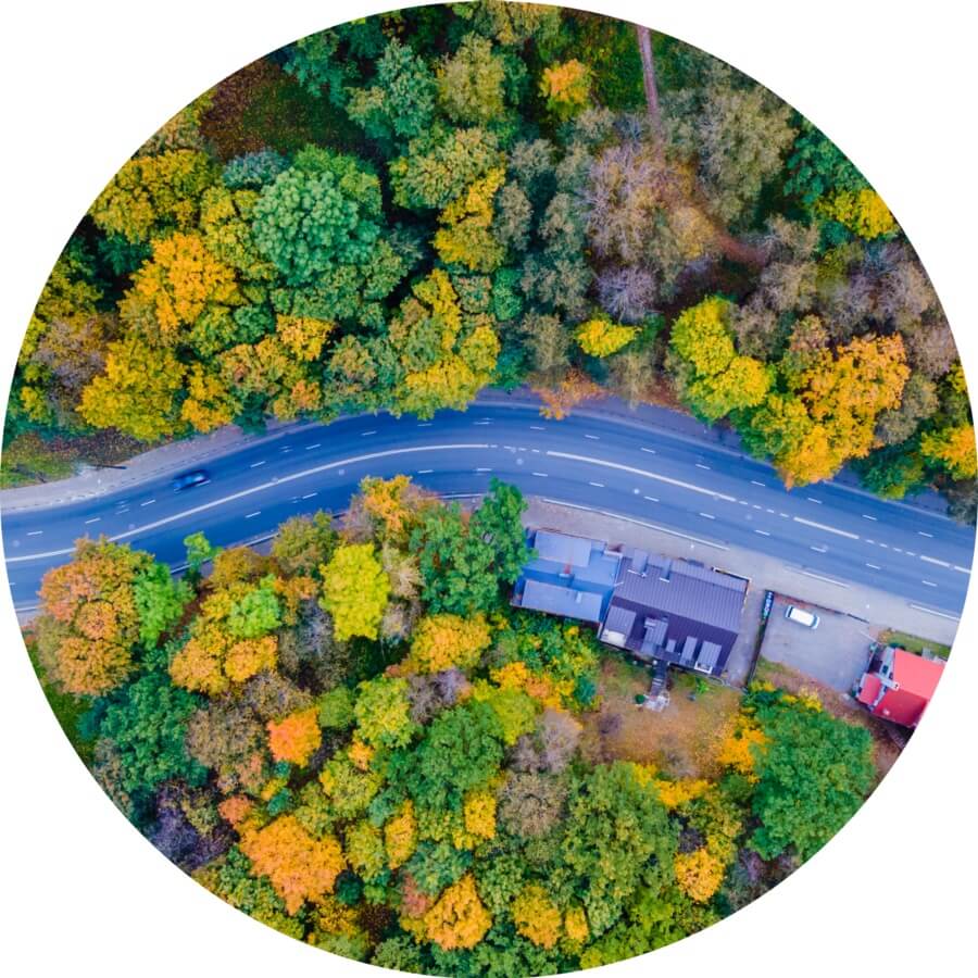 Image of autumnal road, taken from high vantage point.
